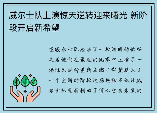 威尔士队上演惊天逆转迎来曙光 新阶段开启新希望