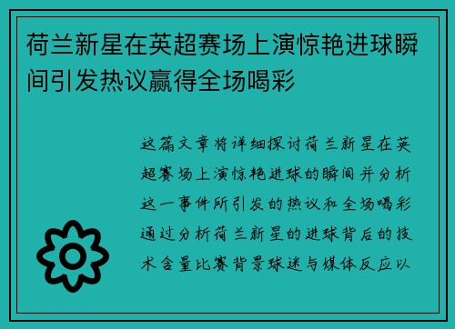 荷兰新星在英超赛场上演惊艳进球瞬间引发热议赢得全场喝彩