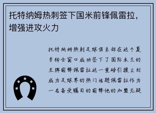 托特纳姆热刺签下国米前锋佩雷拉，增强进攻火力