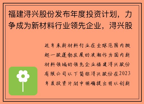 福建浔兴股份发布年度投资计划，力争成为新材料行业领先企业，浔兴股份公司简介