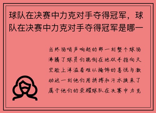 球队在决赛中力克对手夺得冠军，球队在决赛中力克对手夺得冠军是哪一场