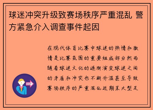 球迷冲突升级致赛场秩序严重混乱 警方紧急介入调查事件起因