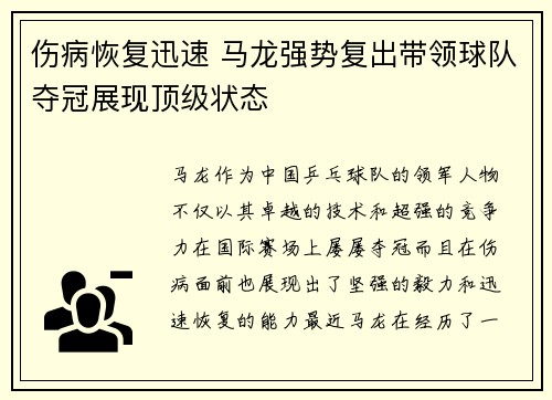 伤病恢复迅速 马龙强势复出带领球队夺冠展现顶级状态