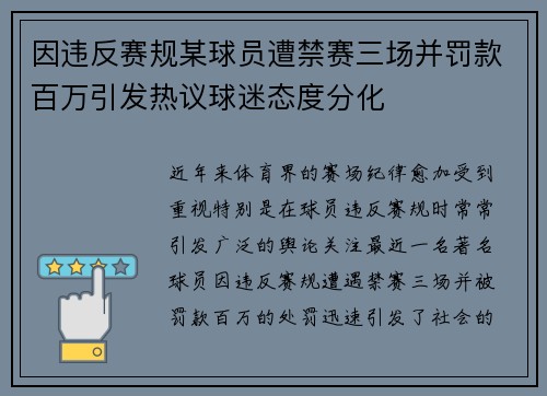 因违反赛规某球员遭禁赛三场并罚款百万引发热议球迷态度分化