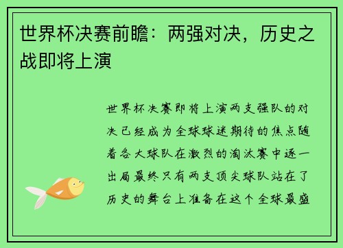 世界杯决赛前瞻：两强对决，历史之战即将上演